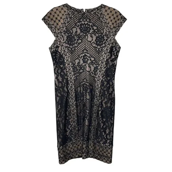 Tadashi Shoji Katori Women's Black Lace Cap Sleeve Dress Size 12 Party Cocktail - Picture 2 of 10